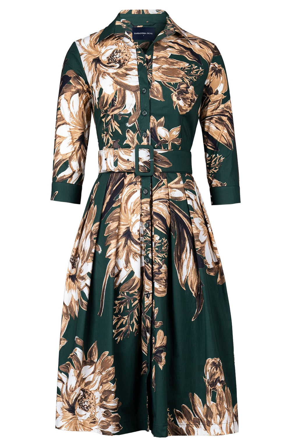 Audrey Dress #1 Shirt Collar 3/4 Sleeve Long Length Cotton Stretch (Mum Flower Dark)
