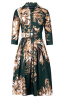 Audrey Dress #1 Shirt Collar 3/4 Sleeve Long Length Cotton Stretch (Mum Flower Dark)