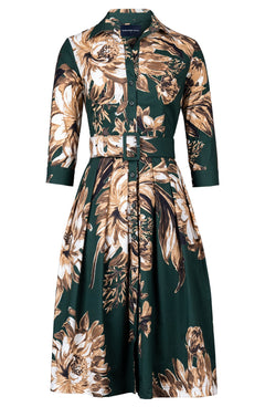 Audrey Dress #1 Shirt Collar 3/4 Sleeve Long Length Cotton Stretch (Mum Flower Dark)