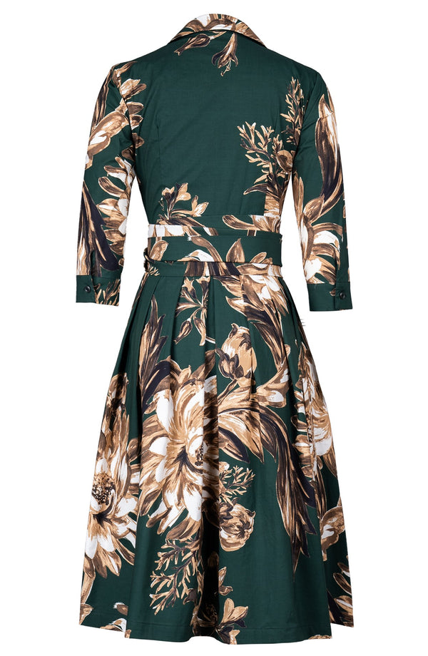 Audrey Dress #1 Shirt Collar 3/4 Sleeve Long Length Cotton Stretch (Mum Flower Dark)