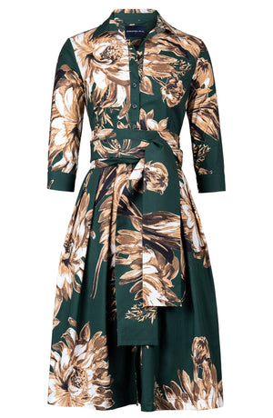 Audrey Dress #1 Shirt Collar 3/4 Sleeve Long Length Cotton Stretch (Mum Flower Dark)