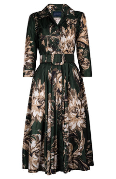 Laurent Dress Shirt Collar 3/4 Sleeve Midi Length Poliamide Taffta (Mum Flower Dark)