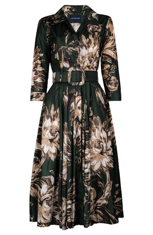 Laurent Dress Shirt Collar 3/4 Sleeve Midi Length Poliamide Taffta (Mum Flower Dark)