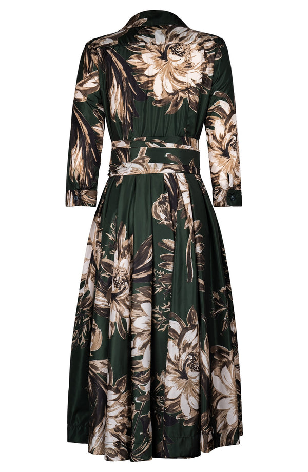 Laurent Dress Shirt Collar 3/4 Sleeve Midi Length Poliamide Taffta (Mum Flower Dark)
