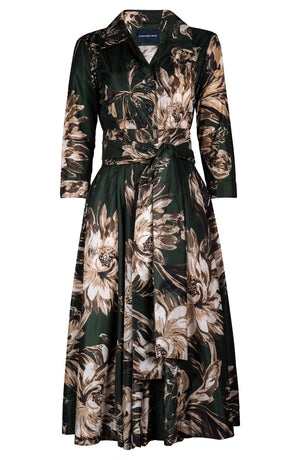 Laurent Dress Shirt Collar 3/4 Sleeve Midi Length Poliamide Taffta (Mum Flower Dark)