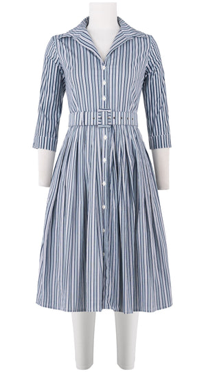 Audrey Dress #2 Shirt Collar 3/4 Sleeve Long Length Cotton Stretch (Napoli Stripe Bright)