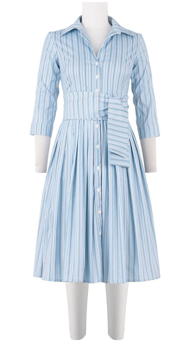 Audrey Dress #2 Shirt Collar 3/4 Sleeve Long Length Cotton Stretch (Napoli Stripe Pastel)