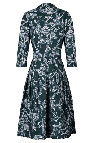 Audrey Dress #1 Shirt Collar 3/4 Sleeve Long Length Cotton Stretch (Oak Leaf)