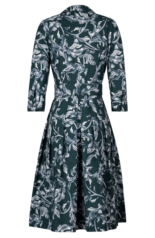 Audrey Dress #1 Shirt Collar 3/4 Sleeve Long Length Cotton Stretch (Oak Leaf)