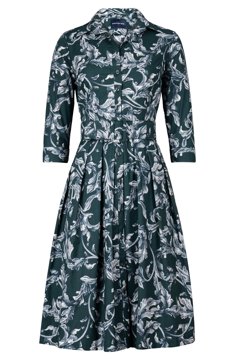 Audrey Dress #1 Shirt Collar 3/4 Sleeve Long Length Cotton Stretch (Oak Leaf)