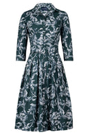 Audrey Dress #1 Shirt Collar 3/4 Sleeve Long Length Cotton Stretch (Oak Leaf)