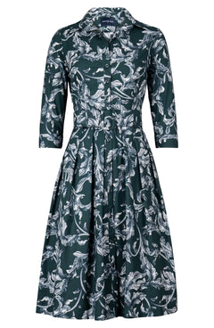 Audrey Dress #1 Shirt Collar 3/4 Sleeve Long Length Cotton Stretch (Oak Leaf)