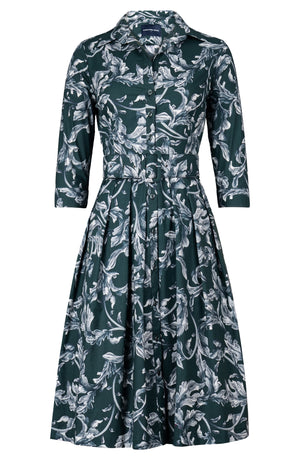 Audrey Dress #1 Shirt Collar 3/4 Sleeve Long Length Cotton Stretch (Oak Leaf)