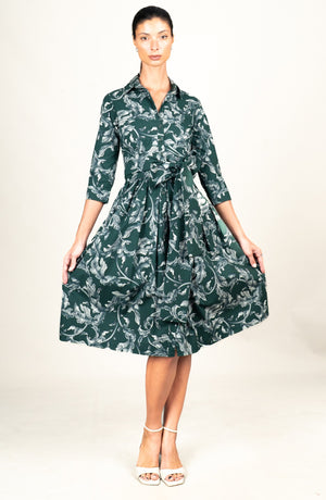 Audrey Dress #1 Shirt Collar 3/4 Sleeve Long Length Cotton Stretch (Oak Leaf)
