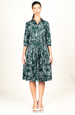 Audrey Dress #1 Shirt Collar 3/4 Sleeve Long Length Cotton Stretch (Oak Leaf)