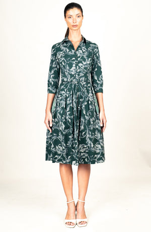 Audrey Dress #1 Shirt Collar 3/4 Sleeve Long Length Cotton Stretch (Oak Leaf)
