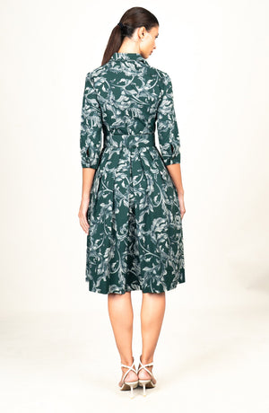 Audrey Dress #1 Shirt Collar 3/4 Sleeve Long Length Cotton Stretch (Oak Leaf)
