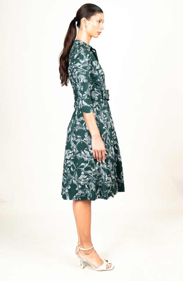 Audrey Dress #1 Shirt Collar 3/4 Sleeve Long Length Cotton Stretch (Oak Leaf)