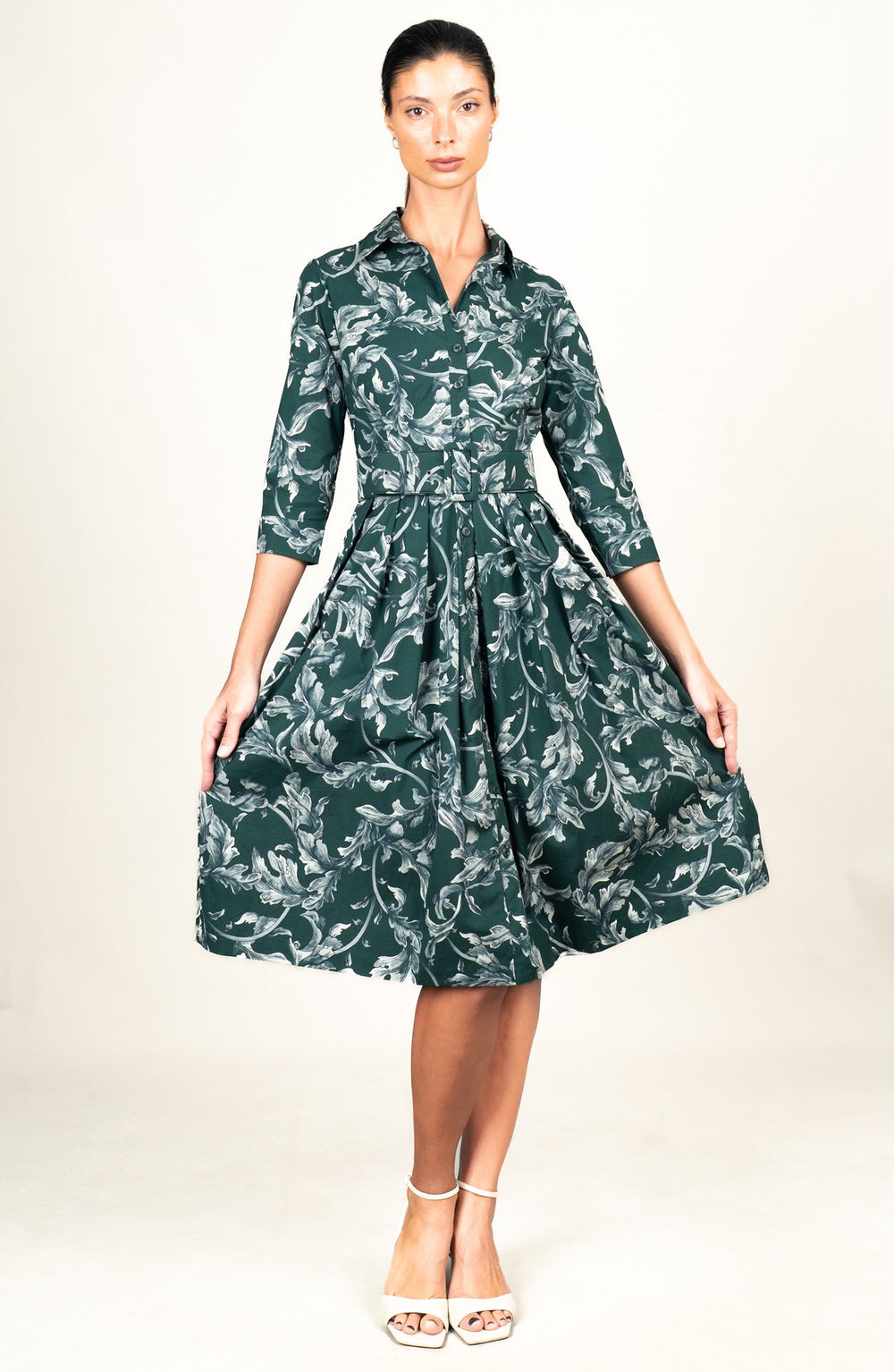 Audrey Dress #1 Shirt Collar 3/4 Sleeve Long Length Cotton Stretch (Oak Leaf)