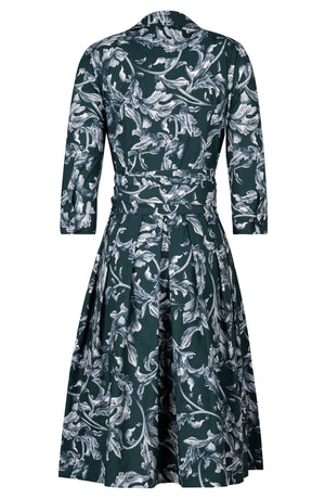 Audrey Dress #1 Shirt Collar 3/4 Sleeve Long Length Cotton Stretch (Oak Leaf)