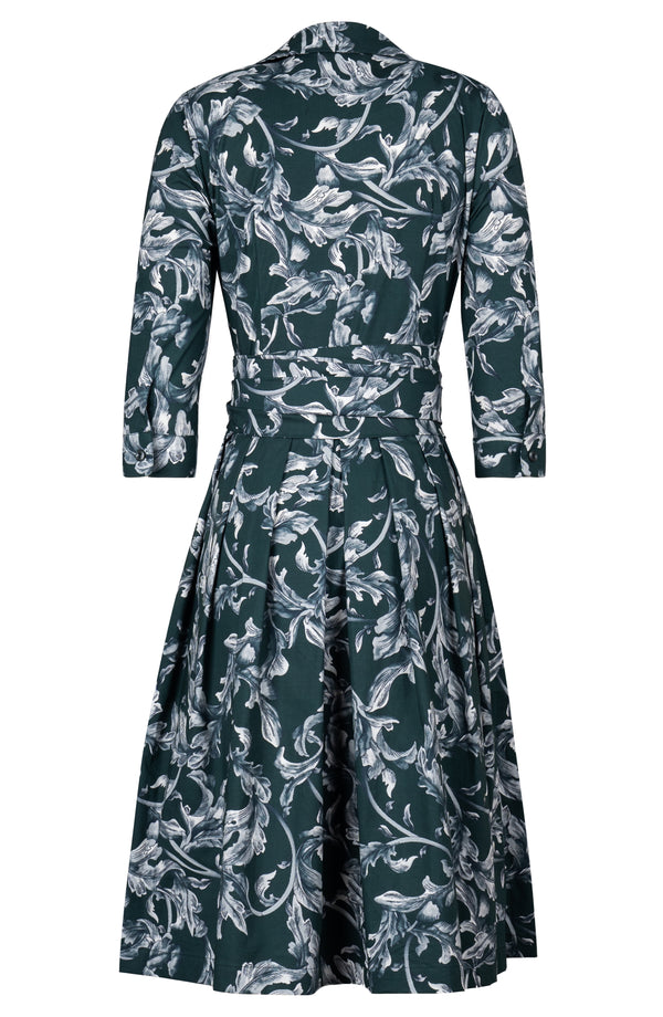 Audrey Dress #1 Shirt Collar 3/4 Sleeve Long Length Cotton Stretch (Oak Leaf)