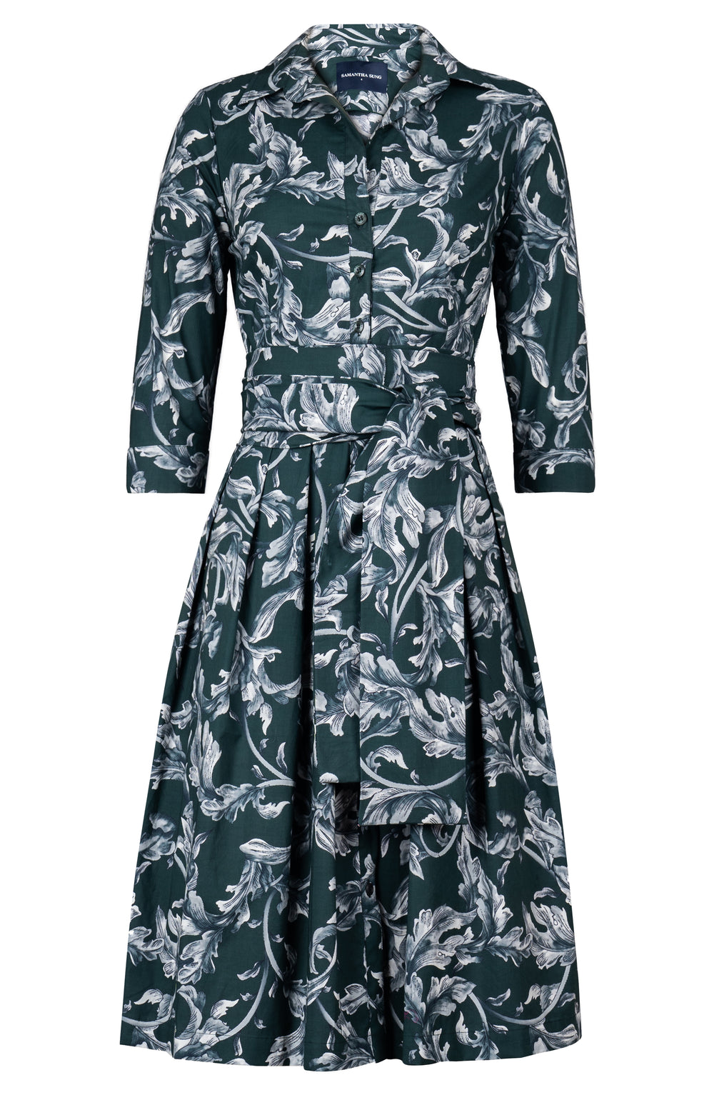 Audrey Dress #1 Shirt Collar 3/4 Sleeve Long Length Cotton Stretch (Oak Leaf)