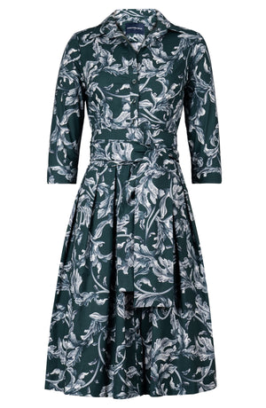 Audrey Dress #1 Shirt Collar 3/4 Sleeve Long Length Cotton Stretch (Oak Leaf)