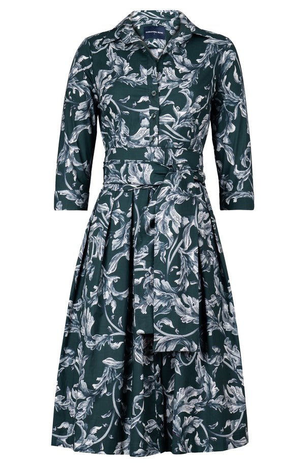 Audrey Dress #1 Shirt Collar 3/4 Sleeve Long Length Cotton Stretch (Oak Leaf)