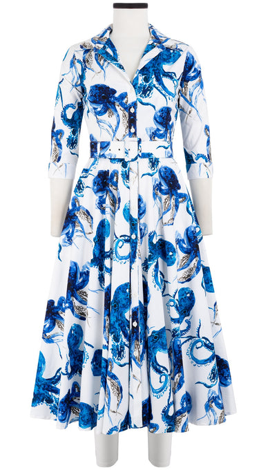 Gigi Dress Shirt Collar 3/4 Sleeve Midi Length Cotton Stretch (Octopus)