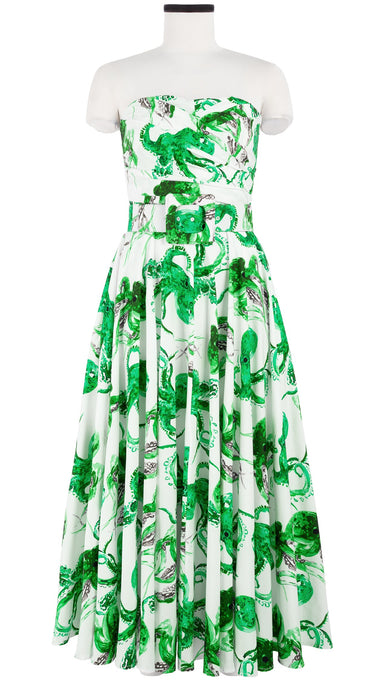 Carol Dress Tube Strapless with Hamilton Belt Midi Plus Length Cotton Stretch (Octopus)