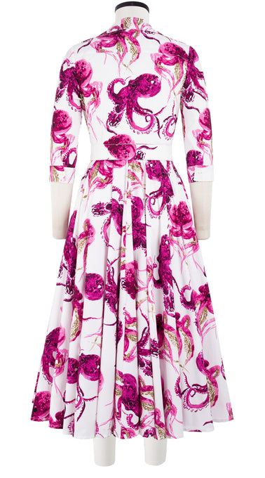 Gigi Dress Shirt Collar 3/4 Sleeve Midi Length Cotton Stretch (Octopus)