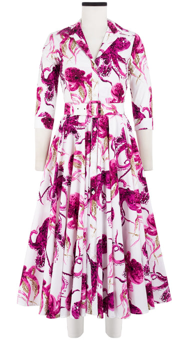 Gigi Dress Shirt Collar 3/4 Sleeve Midi Length Cotton Stretch (Octopus)
