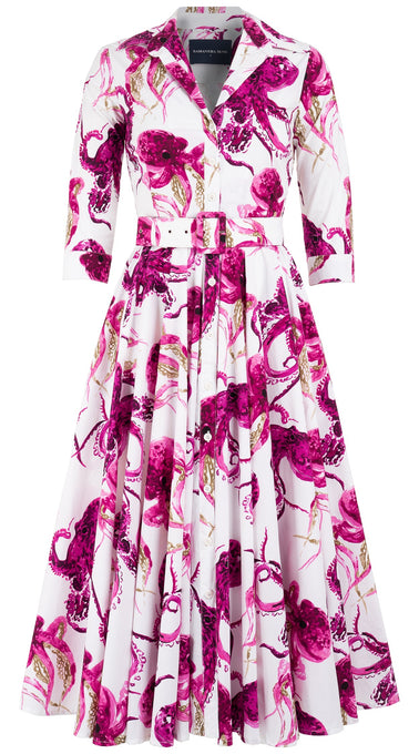 Gigi Dress Shirt Collar 3/4 Sleeve Midi Length Cotton Stretch (Octopus)
