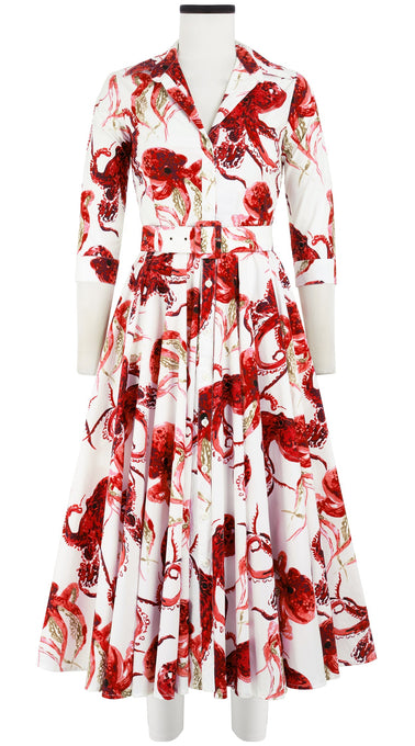 Gigi Dress Shirt Collar 3/4 Sleeve Midi Length Cotton Stretch (Octopus)