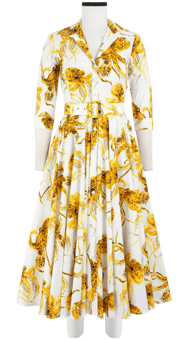 Gigi Dress Shirt Collar 3/4 Sleeve Midi Length Cotton Stretch (Octopus)