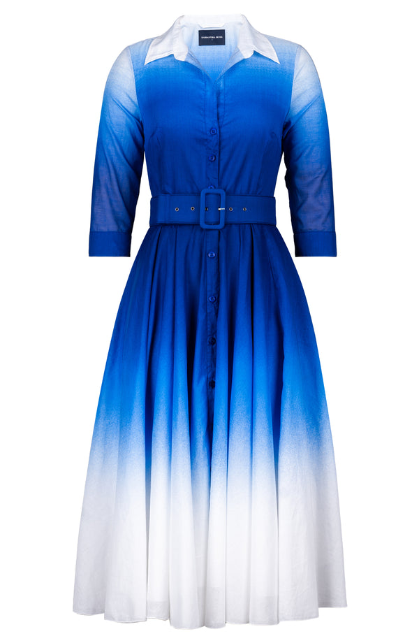 Aster Dress Shirt Collar 3/4 Sleeve Midi Length Cotton Musola (Ombre White)