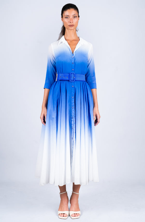 Aster Dress Shirt Collar 3/4 Sleeve Midi Length Cotton Musola  (Ombre White)