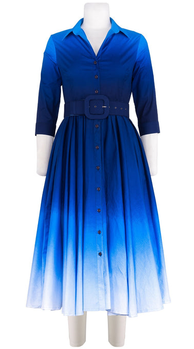 Abelia Dress Shirt Collar 3/4 Sleeve Midi Length Cotton Stretch (Ombre New)
