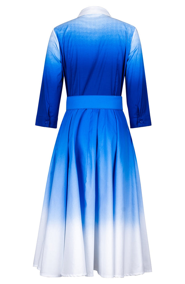 Amber Dress Shirt Collar 3/4 Sleeve Midi Length Cotton Stretch (Ombre White)