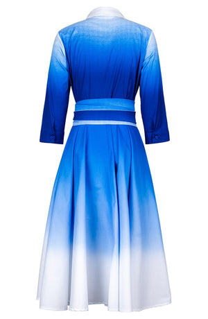 Amber Dress Shirt Collar 3/4 Sleeve Midi Length Cotton Stretch (Ombre White)