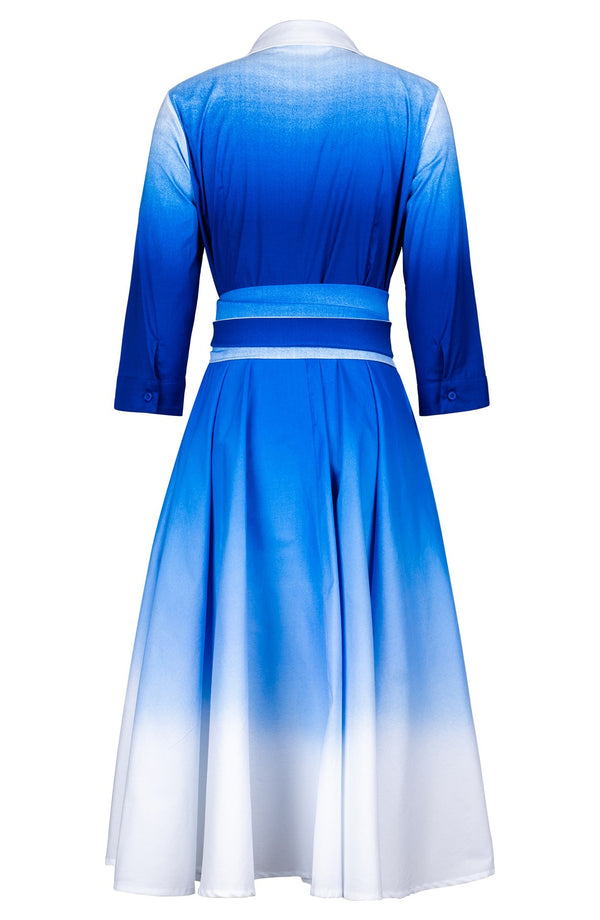 Amber Dress Shirt Collar 3/4 Sleeve Midi Length Cotton Stretch (Ombre White)