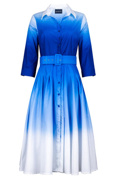 Amber Dress Shirt Collar 3/4 Sleeve Midi Length Cotton Stretch (Ombre White)
