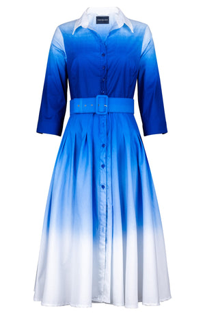 Amber Dress Shirt Collar 3/4 Sleeve Midi Length Cotton Stretch (Ombre White)