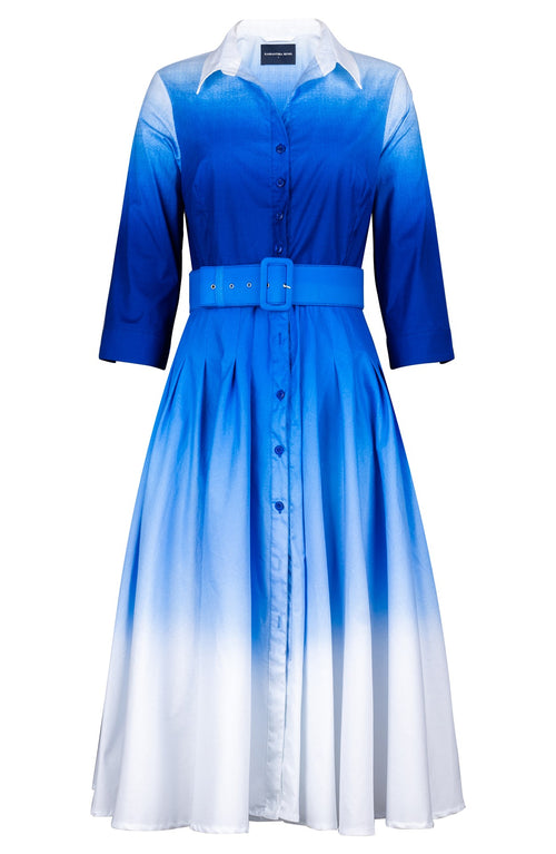 Amber Dress Shirt Collar 3/4 Sleeve Midi Length Cotton Stretch (Ombre White)