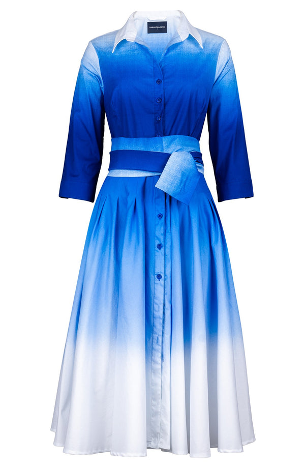 Amber Dress Shirt Collar 3/4 Sleeve Midi Length Cotton Stretch (Ombre White)