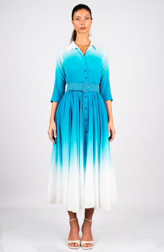 Aster Dress Shirt Collar 3/4 Sleeve Midi Length Cotton Musola  (Ombre White)