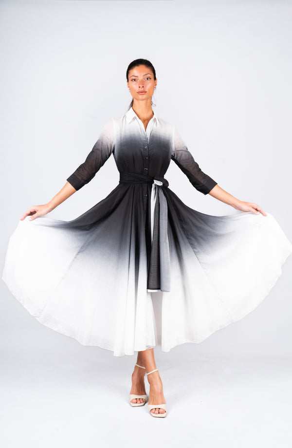 Aster Dress Shirt Collar 3/4 Sleeve Midi Length Cotton Musola  (Ombre White)