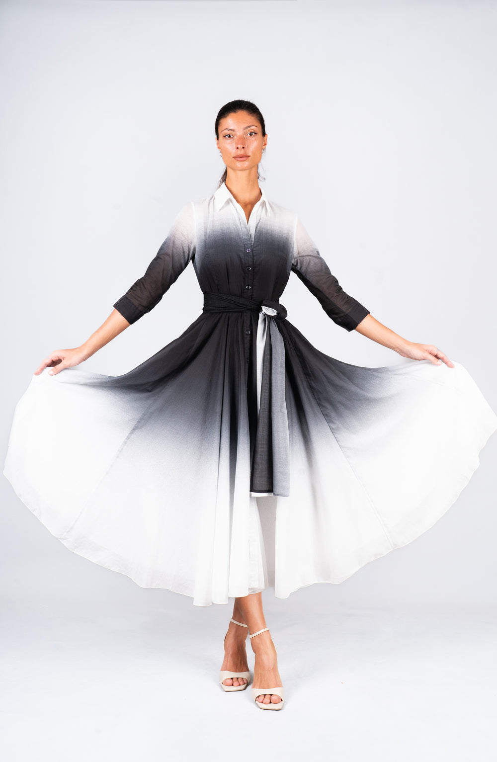 Aster Dress Shirt Collar 3/4 Sleeve Midi Length Cotton Musola  (Ombre White)