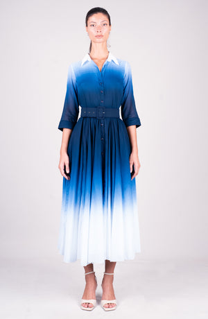 Aster Dress Shirt Collar 3/4 Sleeve Midi Length Cotton Musola  (Ombre White)