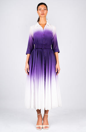 Aster Dress Shirt Collar 3/4 Sleeve Midi Length Cotton Musola  (Ombre White)